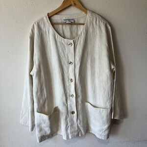 Vtg Carol Anderson Linen Button Down Tan Long Sleeve Pocket Lagenlook L USA Boho